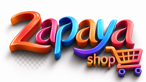 Colorful 3D text of 'Zapaya shop' with a shopping cart icon on a white background